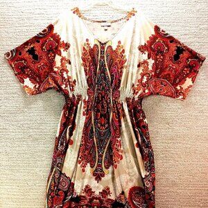 Dressbarn Women’s Size 20 Orange Paisley Shift Midi V-Neck 3/4 Sleeve Casual